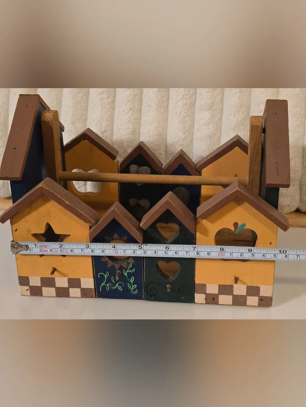 Vintage Wooden Birdhouse Tote Caddy Basket Hand Painted Country Folk Art Decor